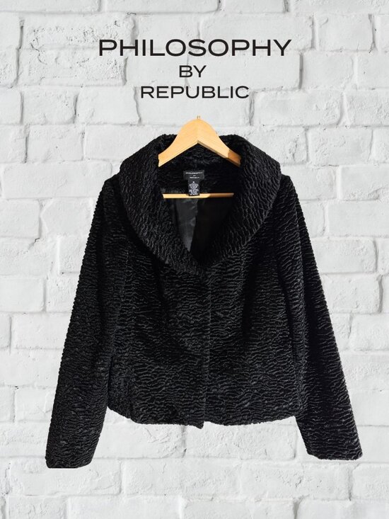 Philosophy Jackets & Blazers - Philosophy Curly Faux Fur Cropped Jacket Shawl Collar Medium 10 Black Lined
